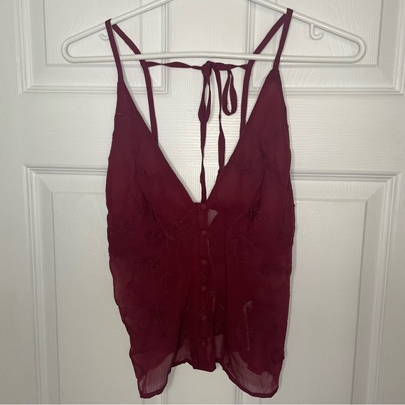 Anthropologie NWT Two Piece Set Burgundy Sheer Embroidered XXS - Picture 7 of 13
